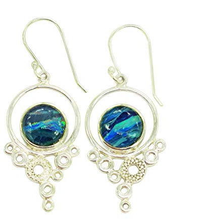 Funkelnder Feueropal-Edelstein, 925er Sterling-Silber, vergoldet, Angelhaken-Fassung, mehrfarbig, baumelnde Ohrringe, Schmuck, Geschenk für Frauen und Mädchen (Blauer Feueropal)