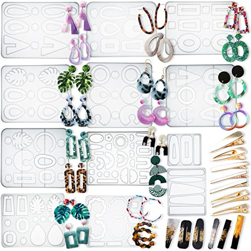 FUNSHOWCASE Ohrhänger Silikonform Ohrstecker Epoxidharz Formen mit goldenen Haarspange für Schmuck DIY Handwerk19tlg Set