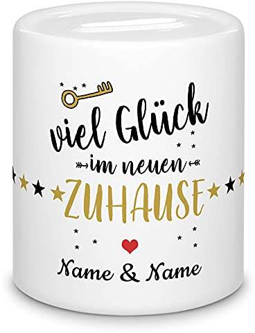 Spardose - Viel Glück im neuen Zuhause - mit Namen Personalisieren - Geschenk zum Einzug, Hausbau, Einweihungsfeier, Geldgeschenk - Sparbüchse