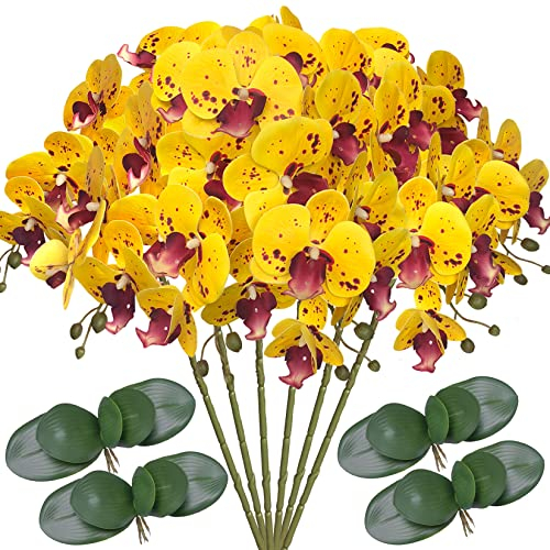 FagusHome 6 Stück künstliche Phalaenopsis-Blumen mit 4 Bündeln, künstliche Orchideen-Blumen, Stielpflanzen für Heimdekoration (gelber Piebald)