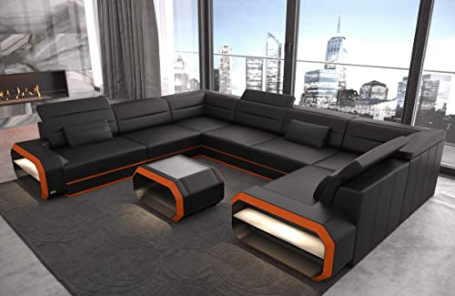 Wohnlandschaft Verona Ledersofa U Form Sofa - mit LED Beleuchtung, verstellbare Kopfstützen/Lederfarben wählbar/Ausrichtung wählbar (Lange Seite Links, Schwarz-Orange)