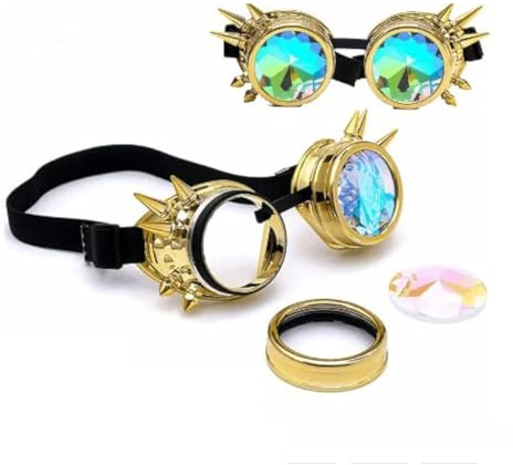 RuiJinGen Kaleidoscope Steampunk Goggles Rave Glasses Rainbow Prism Diffraction EDM Psychedelic Lenses (A14 Gold)