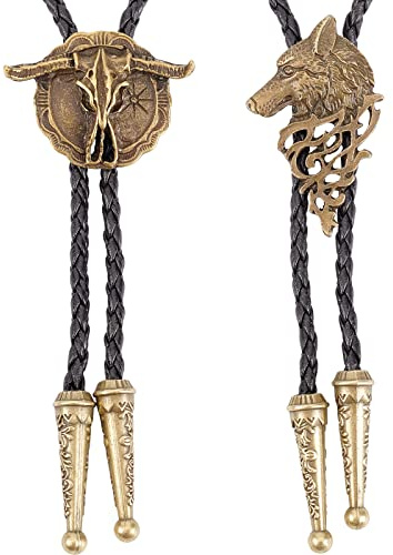 GORGECRAFT 2 Styles Leder Bolo Tie Krawatte Pferd Kuh Wolf Kette Western Cowboy Seil Schnur Anhänger Halskette Geflochtener Schmuck Halloween Kostüm Zubehör Für Herren Rodeo Hochzeit