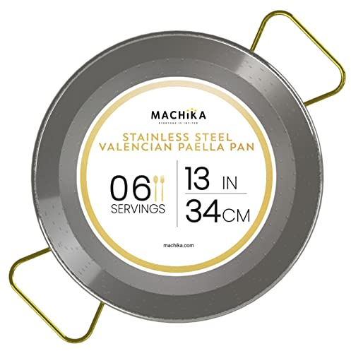 Machika Paellera de acero inoxidable de 13 pulgadas, sartén grande de acero inoxidable de 34 cm de España, ideal para fiestas de paella en interiores, exteriores, camping y más, Paellera española