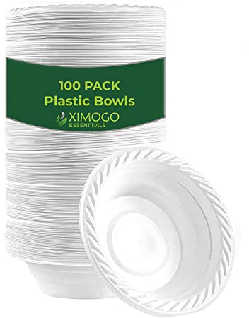 XIMOGO Pack of 100 White Plastic Bowls – 12 OZ, Washable & Reusable –Microwaveable- Perfect for Parties, Dessert, and Picnic Tableware.Reliable,Stackable,Reuseable and Light Plastic Bowls.