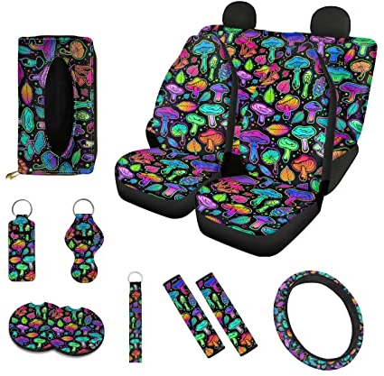 Poceacles Bunte Pilze 13 Pack Auto Zubehör Set für Frauen Auto Sitzbezug Lenkradbezug Sicherheitsgurt Abdeckung Universal Auto Innenraum Protector