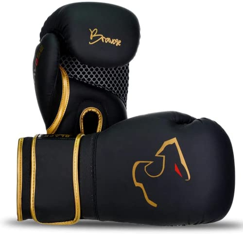 BRAVOSE Alpha Strap Boxing Gloves Mens, Women for Entry Level Boxers for Punching Bag Training & Sparring MMA Kick Boxing Muay Thai Made By Premium PU Leather Ventilated Palm (Black, 10 Oz)