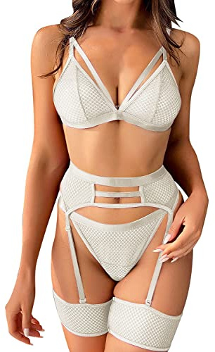 JFAN Damunderkläder set babydoll mini spets underkläder klänning bh set nattlinne, Vit, XL