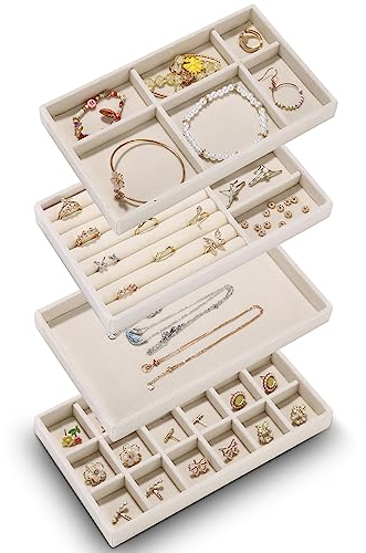SOBEAU Organizzatore Gioielli, Vassoio Porta Gioielli, Espositore Anelli, Organizer da Cassetto, Per Conservare ed Esporre Orecchini, Collane (Beige)