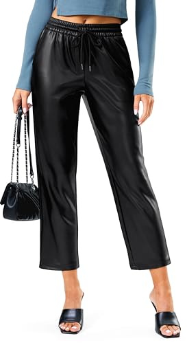 SANTINY Women's Faux Leather Pants High Waisted Straight Leg Cropped Ankle Trousers Vegan Matte Pleather Pants for Women Crop(Black_S)