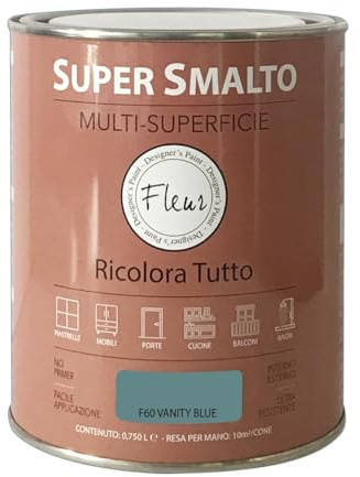 FLEUR DESIGNER'S PAINT | SUPER SMALTO Lavabile e ad Altissima Resistenza, Satinato, 750 ml F60 Vanity Blue, Pronto all'Uso, a Base Acqua, per Interno - Esterno, Made in Italy