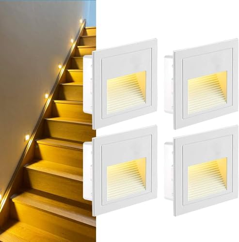 GEYUEYA Home LED Treppenbeleuchtung Warmweiß 4er Set- Treppenlicht, IP65 Wasserdicht, 230V, 3W, Aluminuim(Weißes)