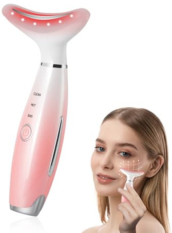 Appareil de massage électrique pour le visage, appareil de massage chauffant à thérapie EMS, 7 lumières LED, 3 modes de massage pour le visage et le cou (rose)