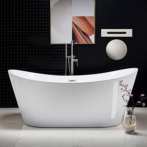 WOODBRIDGE 71Freestanding White Acylic Soaking Bathtub with Brushed Nickel Drain and Overflow,B0017-BN