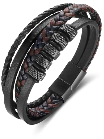 Gkmamrg Weihnachtsgeschenke für Männer Armband Herren Geschenk für Männer - Lerderarmband Leder Männer Armband schwarz Armreif - geflochten Echtleder Breites Wickelarmband mit Magnet Verschluss