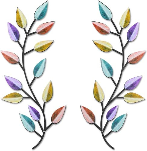 HZBAKLO Metal Tree Leaf Wall Decor, 2 Pcs Vine Olive Branch Leaf Wall Art Ornament, Wall Hanging Sculpture Art for Indoor Outdoor Bedroom Living Room (Color)