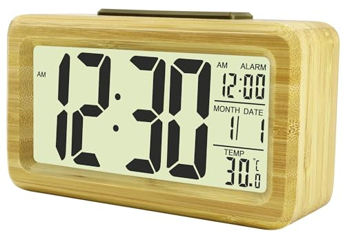 DTKID Wecker Digital aus Holz, mit Datum, Temperatur, Digitaler Wecker mit Schlummerfunktion, Automatischem Lichtsensor, Batteriebetrieben(Batterie Nicht Enthalten) (Dunkelbraun)