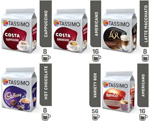 Tassimo Variety Box Coffee Pods Flavours Inc. Costa Cappuccino, Americano, Cadbury Hot Chocolate, L'OR Latte macchiato, Kenco Americano Smooth. (Pack of 5, Total 56 pods)