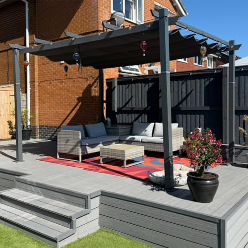 PURPLE LEAF Pergola Aluminium 3,65 x 3 m avec LED Toit Coulissant, Gris | Éclairage chaleureux extérieur, Pergola Jardin Extérieur, Service après-vente, Entretien facile, Tissu teint en fil 180 g/m²