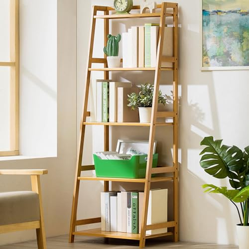 Freistehendes Ausstellungsregal, Bambusleiter-Bücherregal, Reihenbücherregal-Rack, kreativer Kombinations-Bodenständer, für Wohnzimmer, Schlafzimmer, Büro, 3/4/5-stufiges Leiterregal