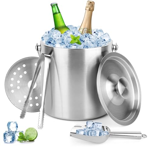 NVIYAM 2L Secchiello per Ghiaccio,a Doppia Parete Secchiello Ghiaccio per Vino Bottiglie Champagne,con coperchio, pinze, colino e manico,con Coperchio Manico e Pinzeper Casa Bar Feste