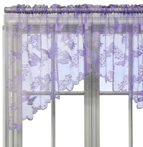 SynapSYA Kurzer Volant-Vorhang mit besticktem Schmetterling im Landhausstil for die Küche, kleines Fenster, halbe Gardinenstange, Tasche Oben Kurzer Vorhang(Purple)