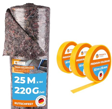 Malervlies Rolle 25m x 1m 220g/m² Abdeckvlies in Profi-Qualität mit PE Anti-Rutsch Beschichtung & 3 Rollen Goldband Klebeband | Malerfliesrolle Abdeckflies als Bodenschutz
