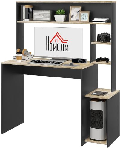 HOMCOM Mesa de Escritorio con Estanterías 114x45x138 cm Gris y Natural | Mesa de Ordenador Moderna, con Estantes, Soporte para Monitor CPU, de Oficina Estudio