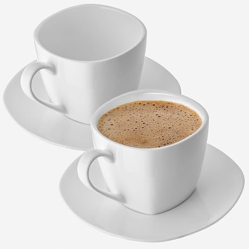 KADAX Tazze con piattini in porcellana, eleganti set da 2 pezzi, 250 ml, impilabili in porcellana con piattini per tè, caffè e cappuccino (forma quadrata, bianco, set da 2)