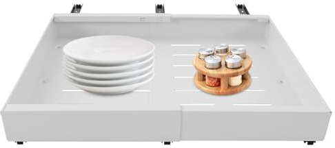 AUYART Tiroir télescopique, tiroir extensible de cuisine, étagère d'armoire réglable, capacité de charge maximale : 33 kg. Organiseur de cuisine de salle de bain 32-52 x 42 x 7,5 cm (blanc)