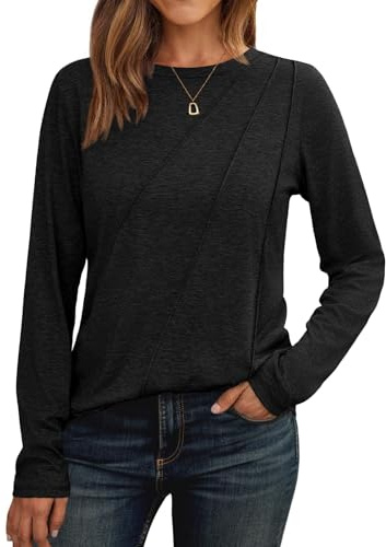 Cuptacc Camiseta Manga Larga Mujer Jersey Mujer Cuello Redondo 2025 Moda Blusa Monocolor Tops Plisados Camisa Elegante Negro L