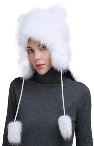 WUODHTW Faur-Fellmütze für Damen, niedlicher Waschbärschwanz-Hut, Uschanka, Trappermütze, Mütze, Totenkopfmütze, Eimerhut, Ohrenschutz, Lei-Feng-Hut, weiß, Einheitsgröße