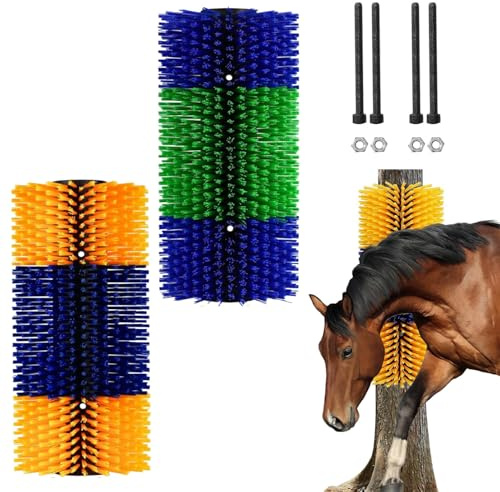 2pcs Kratzbürste für Pferd Kuh, Halbrunde Pferde Bürsten, Vollmassage-Pflegebürste mit 4 Schrauben für Ziegen, Rinder, Kühe, Schafe, Pferde, Schweine zum Rückenkratzen (Yellow + Green 40cm)