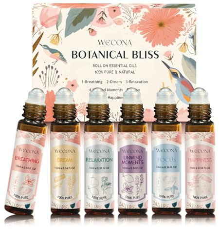 Wecona Aromatherapy Essential Oil Roll-On Set – 6x10ml Essential Oil for Skin with Roller Bottles, Portable Essential Oils for Diffusers for Home,Relaxing Gift for Women & Men