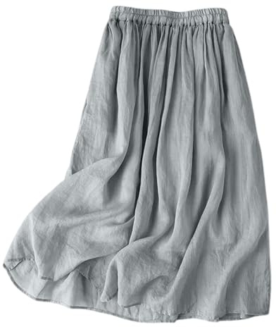 Jupe Femme Mi Longue- Jupe Boheme Coton Et Lin Taille éLastique Simple A-Ligne Couleur Unie Vintage FroncéE VolantéE Fluide ÉLéGante DéContractéE Ourlet Large Plage Baggy Skirt