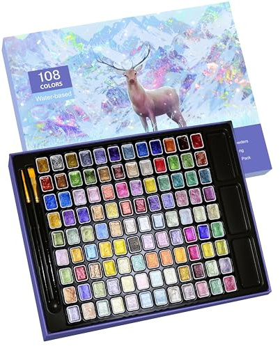 GlisDyck Mini Shimmer Watercolor Paint Set, 108 Colors Glitter Metallic Watercolour Painting Sets, Solid Pearl Water Color Paints for Artists, Amateur Hobbyists and Painting(108 Colours)