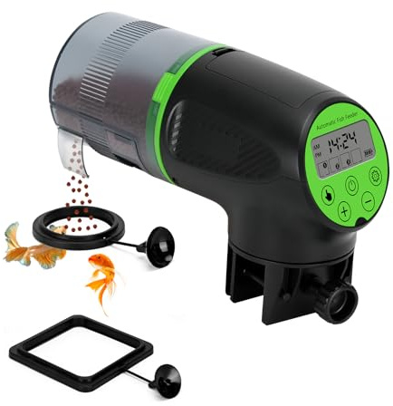 Lychee Alimentador automático de peces para acuario, alimentador de alimentos secos para peces con dos anillos de alimentación para tanque, dispensador automático de 200 ml para vacaciones
