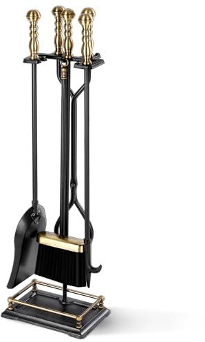 FEED GARDEN Fireplace Tools Set 5 Pieces Modern 30 Inch Outdoor Wrought Iron Fireplace Elegant Brass Handles Accessories Set with Poker, Tongs, Shovel, Brush, Base
