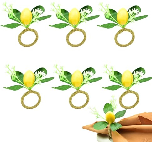 KASESSS 6 Pezzi Limone Portatovaglioli, Porta Tovaglioli, Anelli Portatovaglioli Foglia Finta Fiore, Portatovagliolo Boho, Foglie di Limone Tovagliolo Anelli per Tavolo Cena Matrimonio Feste di Pranzo