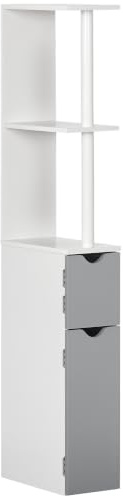 Kleankin Mobiletto Bagno Salvaspazio a Colonna Bianco e Grigio | 2 Ripiani 2 Armadietti, Colonna in Legno, Mobile Bagno Salvaspazio, per Salotto Soggiorno, 15.2x29.8x118 cm