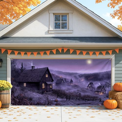 Cubierta rústica violeta para puerta de cochera, acogedoras decoraciones de invierno de granja, decoración de Halloween al aire libre e interior, fondo de temporada de otoño, 157 x 71 pulgadas