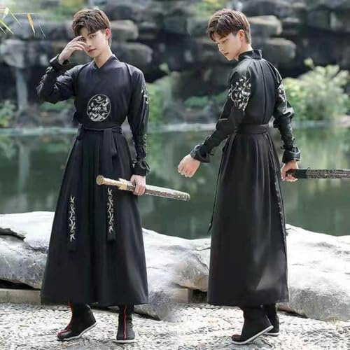 Vinter Varm Herr Hanfu Kappa Kinesisk Traditionell Broderi Svart Cape Man Christmas Cos Kostym Tjock Hanfu, 2 Pcs Set, S