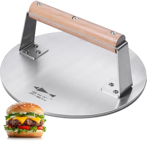 SKY FISH Presse à hamburger Smash en acier inoxydable, 1 650 g, presse à bacon et hamburger robuste avec poignée en bois, outil de presse pour barbecue de 21,6 cm pour steak, viande et crêpes