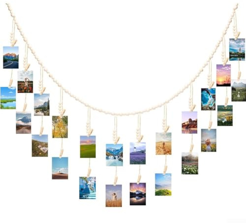 Expositor de fotos colgante bohemio con clips para decoración de habitación de adolescentes y niñas, 24 clips de madera en cuerda de yute para mostrar fotos y tarjetas