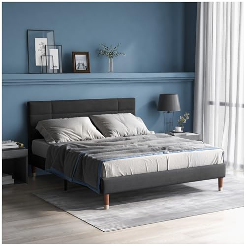 Wyibwy Cama de matrimonio con sofá de 140 x 200 cm con somier de láminas, cama individual, apta para adultos y adolescentes, acabado en lino (colchón no incluido) (gris)