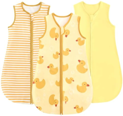 JiAmy Baby Sleep Sack 0.5 TOG Wearable Blanket, 3 Pack Cotton Sleeping Bag with 2-Way Zipper, Yellow Duck, 6-12 Months
