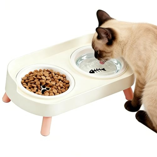 Katzennapf Erhöht Keramik, Katzen Napfset Doppelt Erhöhter Futternapf Katze mit Rutschfestem Ständer, Futterstation Katze, Fressnapf Wassernapf Set für Katzen und Kleine Hunde