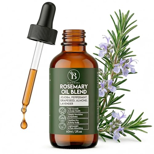 Aceite de Romero para el Cabello – Mezcla Capilar con Aceite de Jojoba, Almendra, Menta y Lavanda, Textura Ligera para Crecimiento, Fortalecimiento y Cuidado del Cuero Cabelludo (60 ml / 2 fl oz)