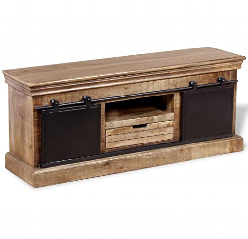 Yisssmeng Meuble TV bas en bois de manguier massif - 110 x 30 x 45 cm - Style industriel avec 2 portes coulissantes en fer - Polyvalent comme meuble TV ou buffet pour salon et chambre à coucher