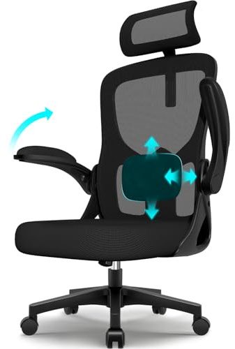 minnouat Bürostuhl, Schreibtischsessel mit Kopfstütze und Weiche Lordosenstütze, Bürostuhl ergonomisch Wippfunktion bis 130°,Schreibtischstuhl mit klappbaren Armlehnen, Drehstuhl 150 kg, Dunkelschwarz
